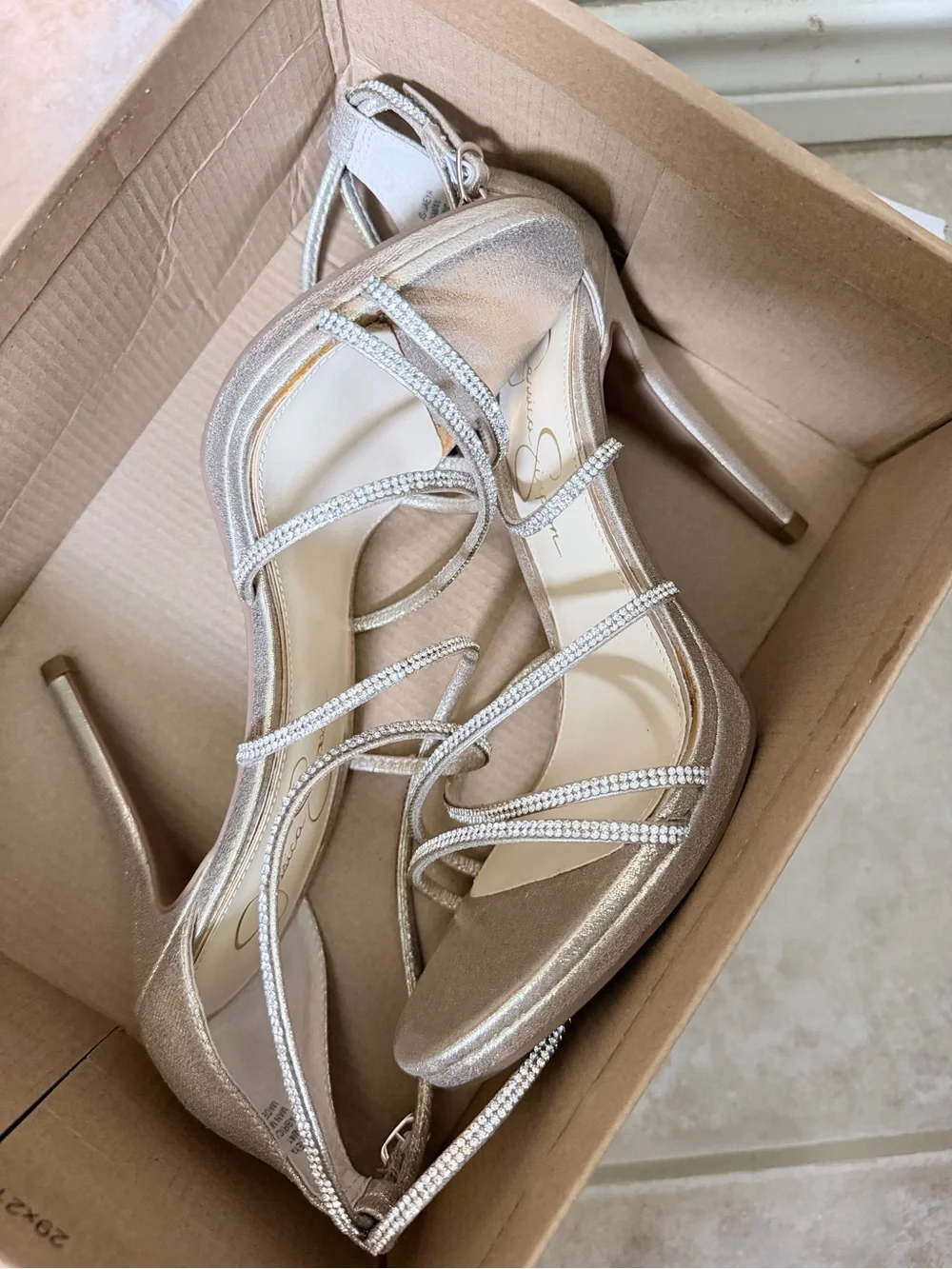 Jessica Simpson Metallic Gold Strappy Rhinestone High Heels